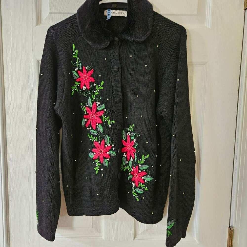 Victoria Jones Womens Cardigan Sweater Sz Med Christmas Holiday Poinsettia Clean